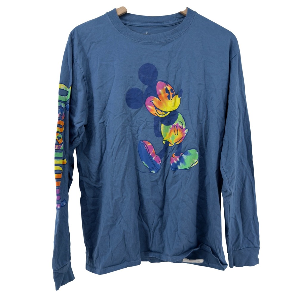 Disneyland Mickey Mouse Tie Dye Long Sleeve Shirt Blue Unisex Adult M Cotton